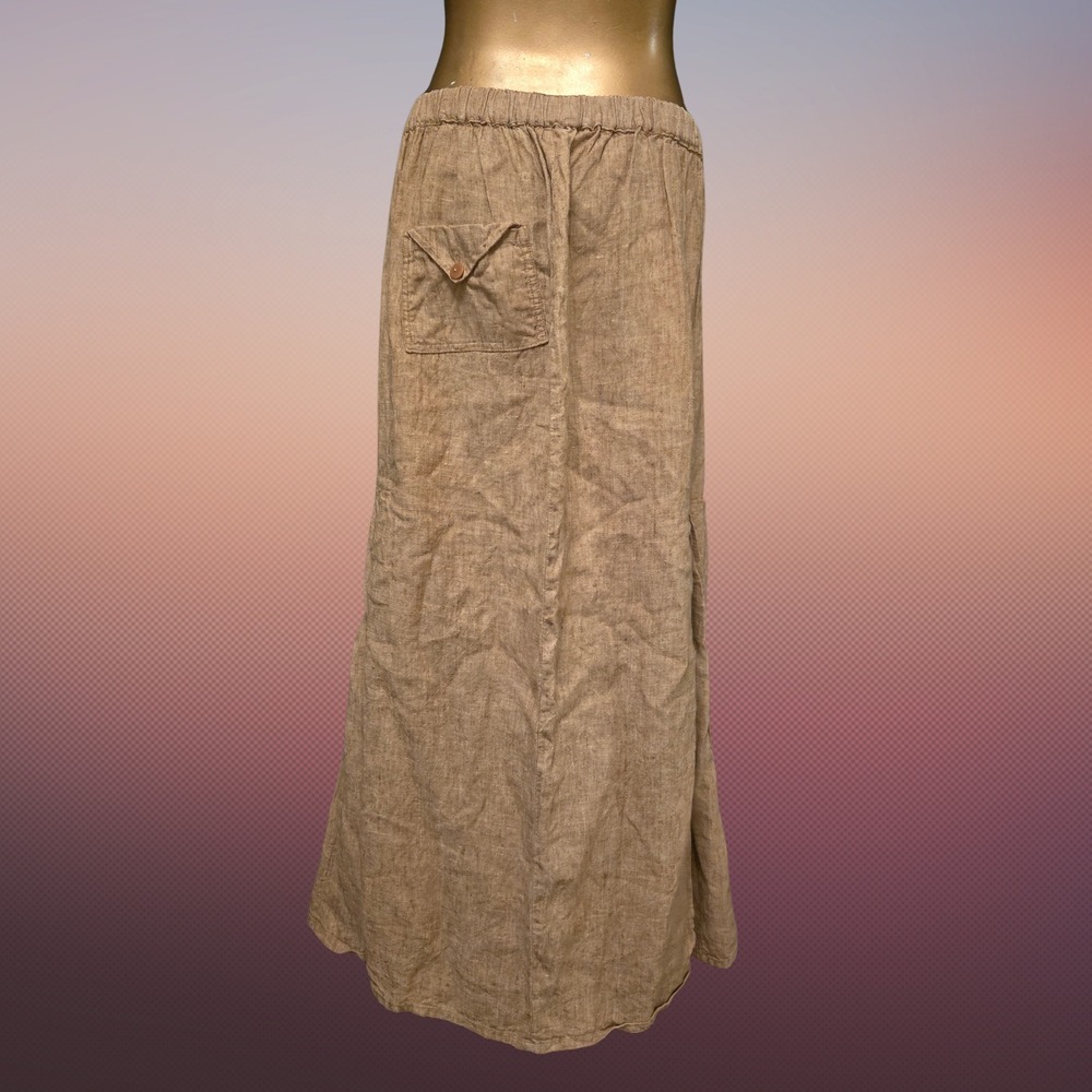 FLAX by Jeanne Engelhart Tan 100% Linen Maxi Skirt Elastic Waist Womens M Boho - Picture 2 of 10